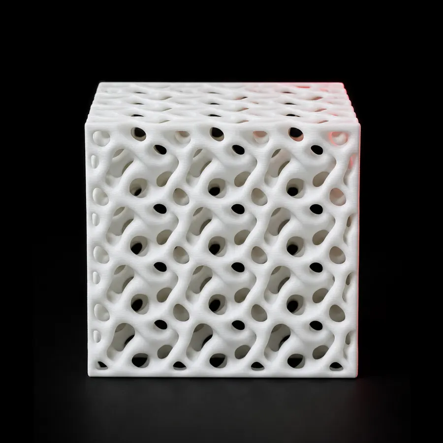 Cube en treillis imprimé en 3D montrant le volume d'impression maximal